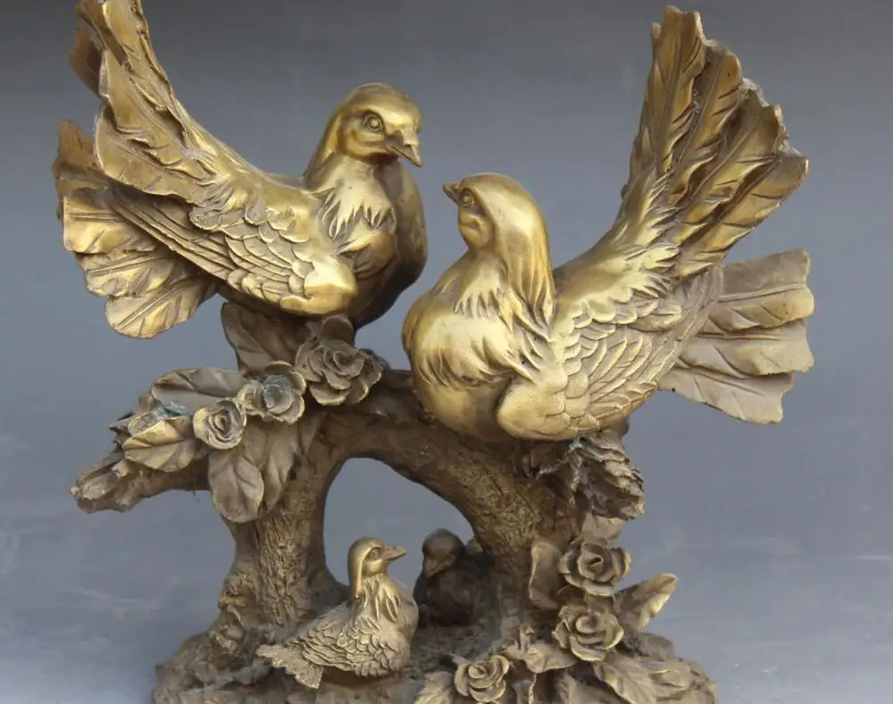 

11" Chinese FengShui Folk Bronze Flower Two Bird Birds Family Scenery Statue