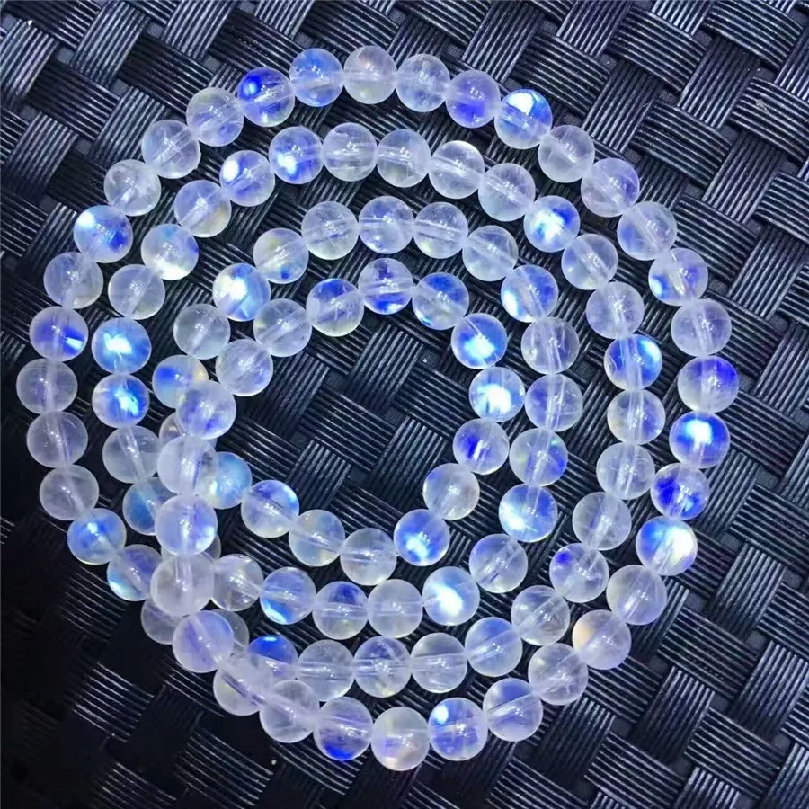

5.5mm Genuine Blue Lights Natural Moonstone Bracelets Women Female Stretch Three Laps Crystal Round Bead Bracelets Drop Shipping
