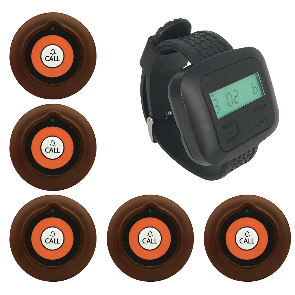JINGLE BELLS 433MHz wireless calling system with long distance 5 call button+1 watch pager receiver restaurant|watch pager|pager systempager |