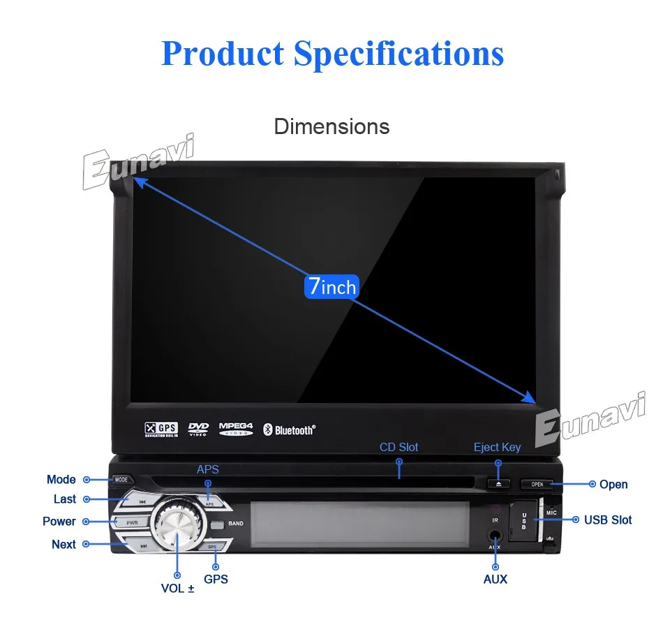 Perfect Eunavi 7" 1 Din Universal Car DVD Player GPS Navigation In-dash Detachable Front Panel Auto Radio Audio Stereo with bluetooth 16