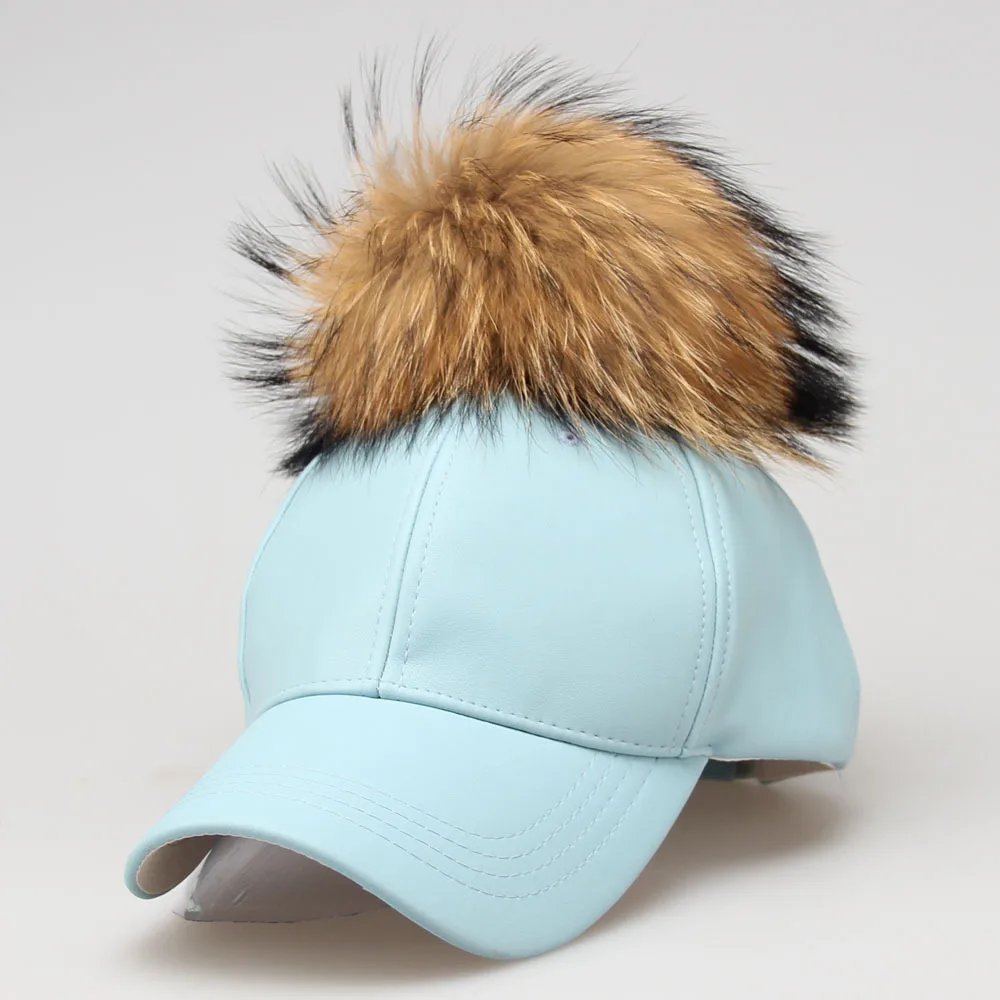 Женская теплая бейсбольная Кепка из искусственной кожи 15 см настоящий помпон из меха енота шапки Хип Хоп Бейсболка с колпаком зимние шапки для женщин - Цвет: style1 blue