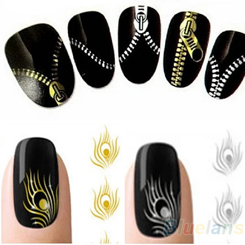 

Nail Art Peacock Feather Metallic Zipper Stickers Nail Wraps Water Transfers Decals