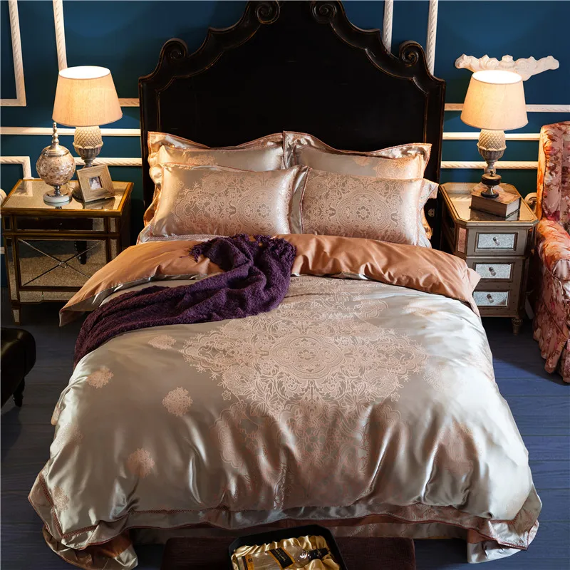 

Papa&Mima Luxury European Style 4Pcs Queen/King Size Bedding Sets Silk Cotton Fabric Jacquard Technics Flat Sheet Set Bedlinens