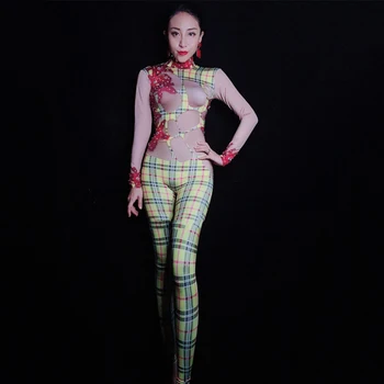 

Fashion Rhinestones Plaid Pattern Spandex Jumpsuit Bar Nightclub Women Singer Dance Show Bodysuit Leggings Wear Outfit DN2988