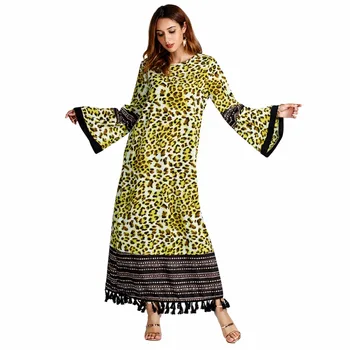 

Muslim Leopard Print Maxi Dress Trumpet Sleeve Abaya Hem Tassels Robe Gowns Middle East Islam Ramadan Arab Islamic Clothing