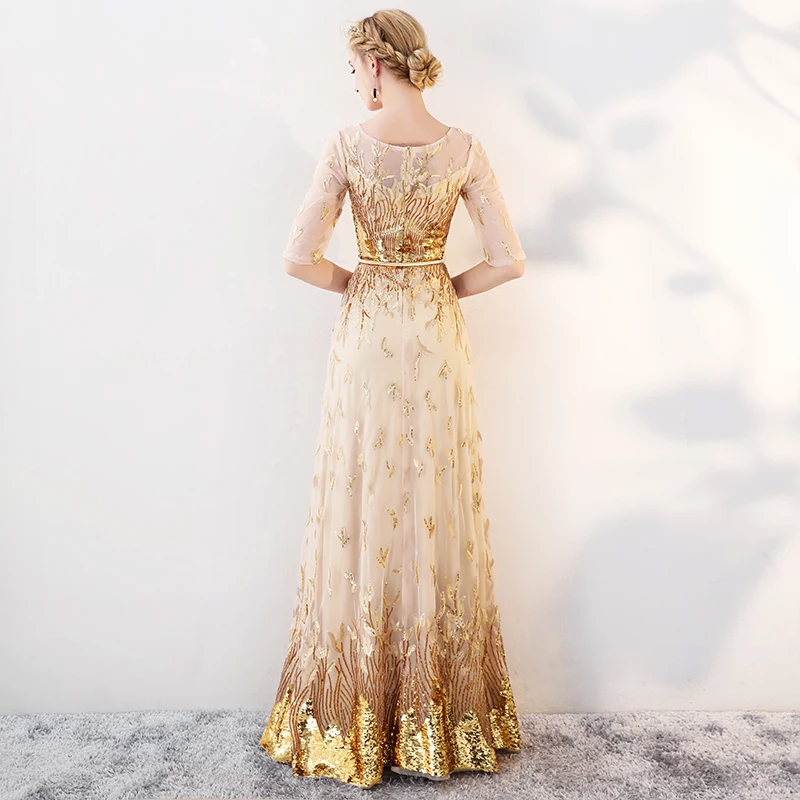 Gold Evening Dresses Long 2019 New Elegant O-neck A-line Floor-Length Sequined Formal Dresses Luxury Evening Gowns For Women Gold Evening Dresses Long 2019 New Elegant O-neck A-line Floor-Length Sequined Formal Dresses Luxury Evening Gowns For Women