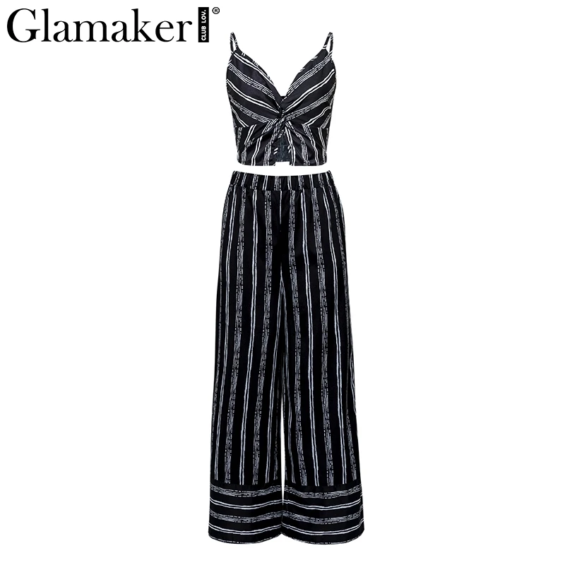 Glamaker Striped print pleated off shoulder two-piece suit long jumpsuit Women wide leg pants Office lady sexy casual overalls