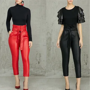 

2019 new sexy fashion style women plus size solid high waist plus size PU long pants M-XXL