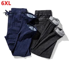 Осень стрейч большой размер мужские свободные прямые джинсы удобные мужские штаны сплошной цвет деним 6XL 5XL 4XL 3XL