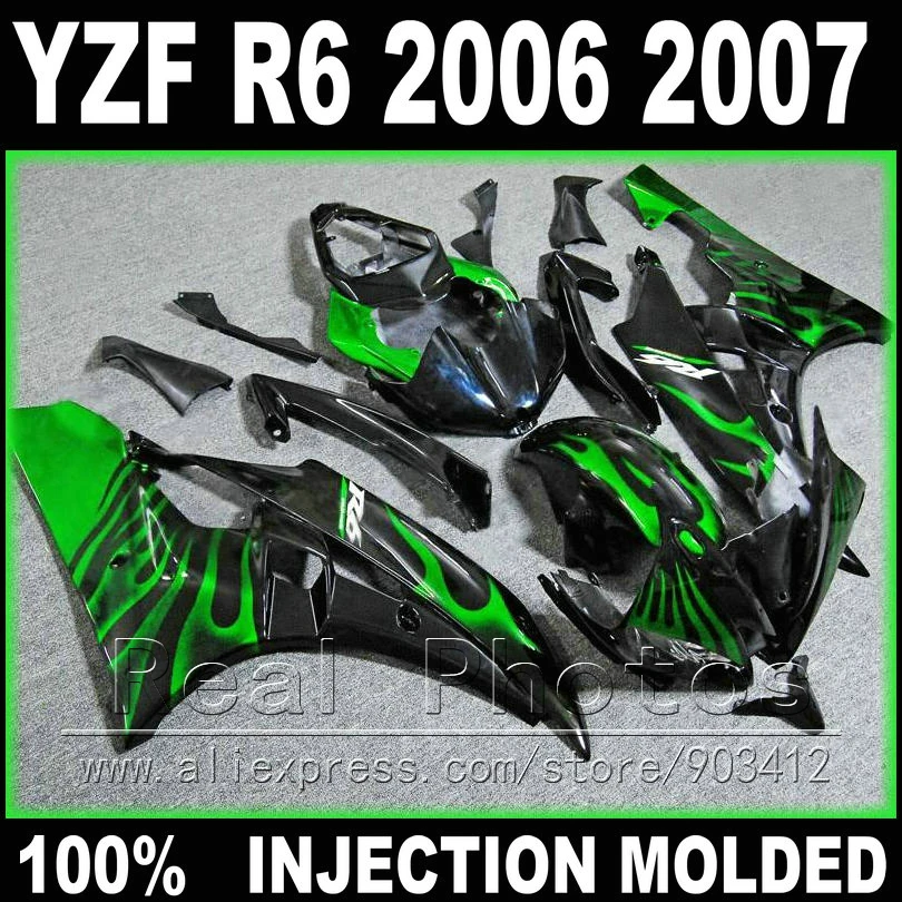 

High quality bodywork for YAMAHA R6 fairing kit 2006 2007 Injection molding green flame in black 06 07 YZF R6 fairings