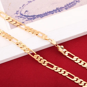 

24K Gold Necklace Jewelry Mens Small Medium Big Size Figaro Chain Brass Necklace