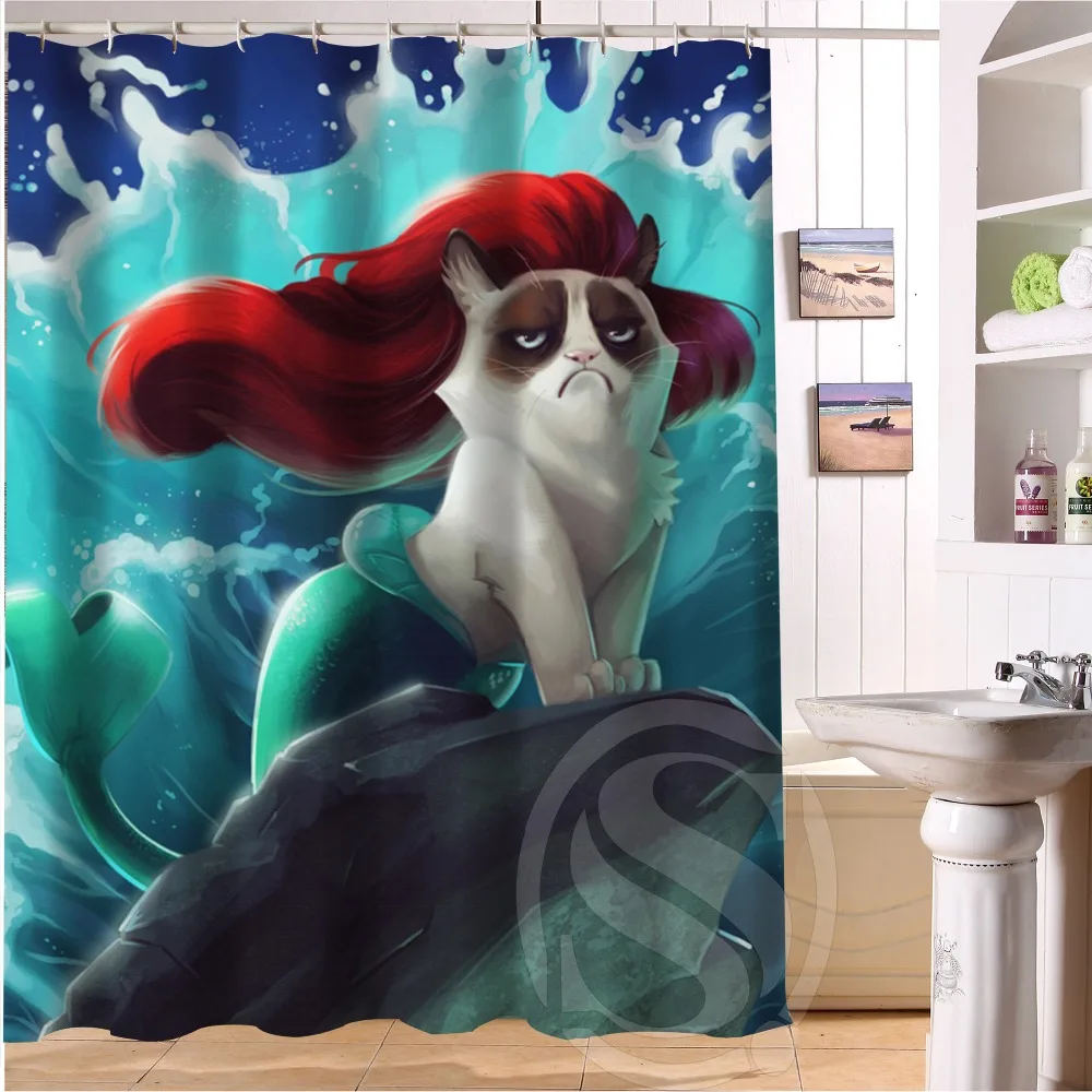 Custom Grumpy Cat of Little Mermaid Waterproof Polyester Fabric Bathroom Shower Curtain Standard