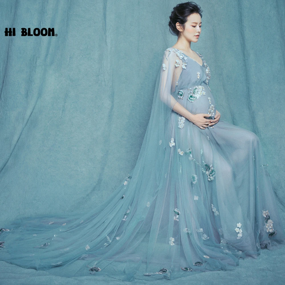 

Blue Pregnant Woman's Photography Poses Dresses Flower Embroidery Maternity Party and Photoshoot Gown Dress Pregnancy Vestidos