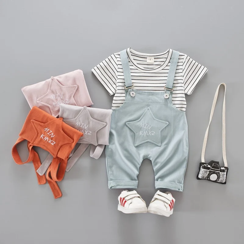 

Summer Casual boys babys kid's stripe short sleeve t-shirt top+Star overalls 2pcs clothing set (No bag and shoes) Y2097