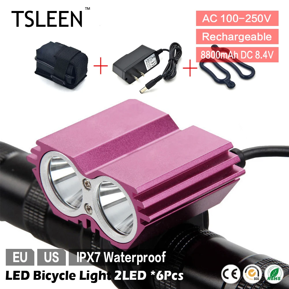 

TSLEEN 6pcs aluminum rose/black shell 2000lm led bicycle light rechargeable bike front/rear lamp US/EU plug choose luz bicicleta