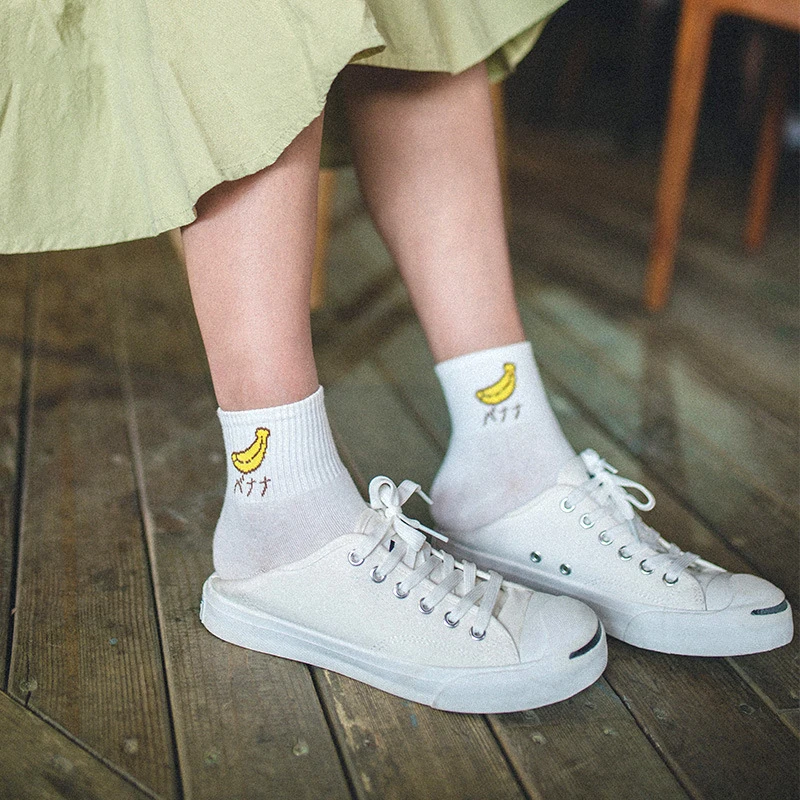 CHAOZHU Women Girls White Socks Autumn Spring Cotton Knitting Customized My Sweet Socks Fruit Peach/Apple/Banana Ankle Socks