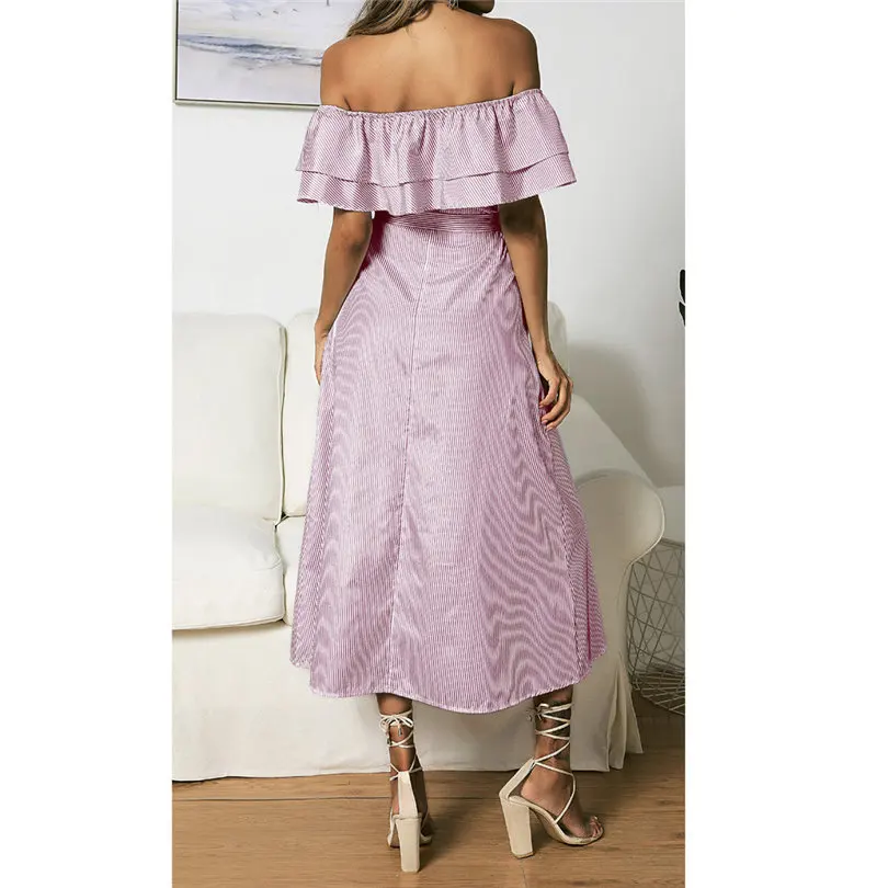 Plus Size New Fashion Women Summer Casual Daily Sexy Off Shoulder Button Dress Short Sleeve Slash Neck Striped Dress #4A18 (2)