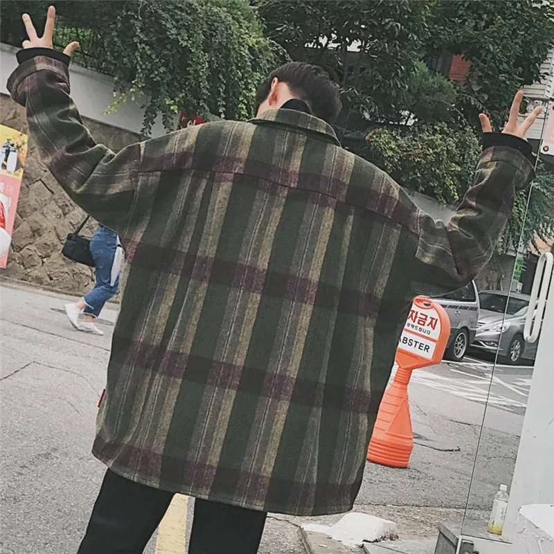 Autumn Plaid Shirt Men New Overshirt Fashion Casual Loose Wool Jacket Coat Man Retro Long-sleeved Shirt Male Clothes Streetwear