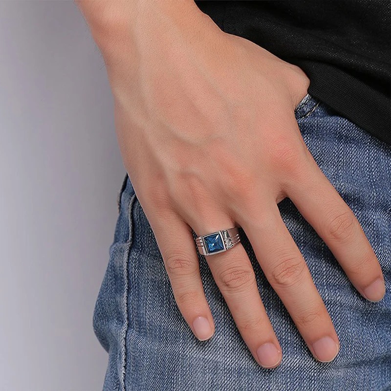 Trendy Promise Jewelry Anillo Men's Blue Stone Stainless Steel Rings for Men Fashion Wedding Engagement Ring Gift Bague Homme