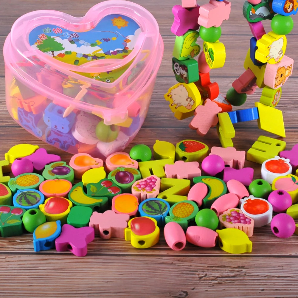 

60pcs/set Baby Wooden Blocks Toys Cartoon Animals Fruit Stringing Threading Beads Game Educational Toys for Children Gifts