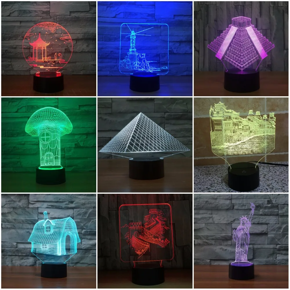 

Statue of Liberty Great Wall Pyramid 3D Lamp LED Night Light 3D light Acrylic lamparas Atmosphere table Lamp Novelty Lighting