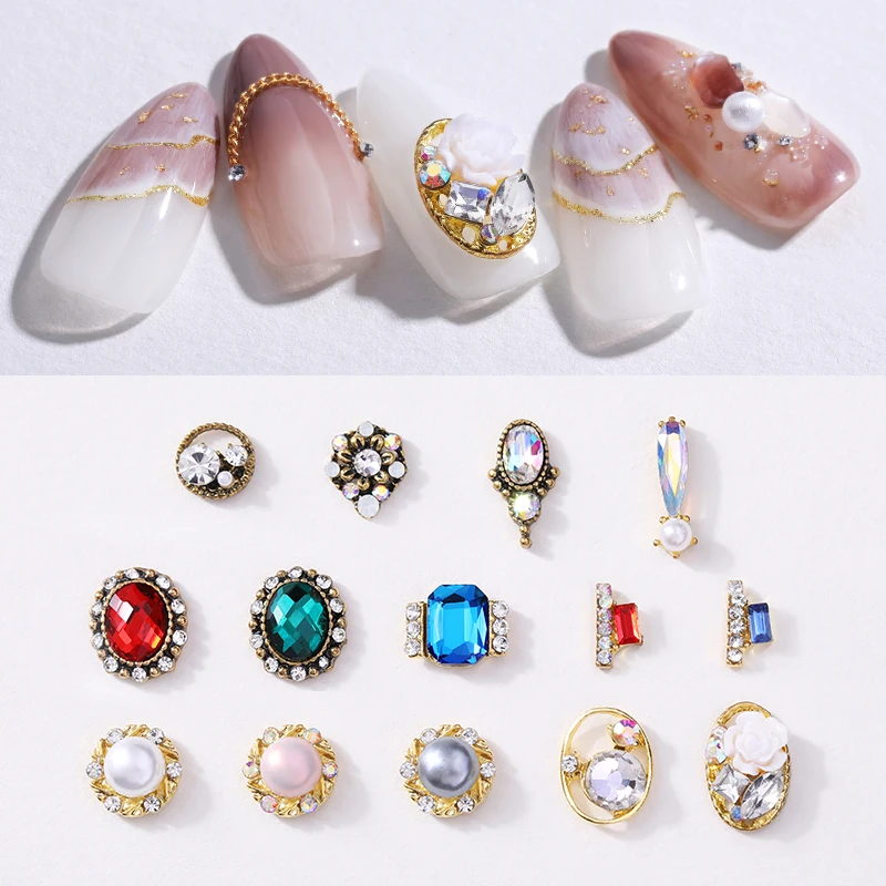 

5 Pcs Nail Holographic Rhinestones Metal Gold Retro Pearly Luster Series Nail Studs Bling Jewelry 3D Nail Art Decors Decorations