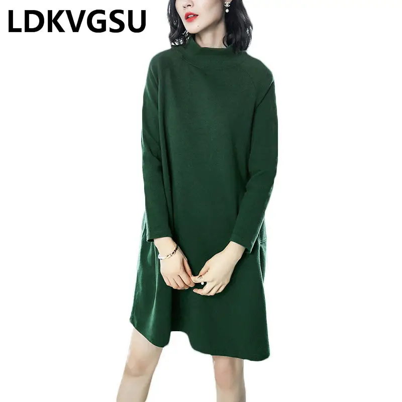 Spring Autumn Dress Female Long Sleeve 2019 New Fashion Temperament Loose Round Neck Large Size Green Knit LQ705 | Женская одежда
