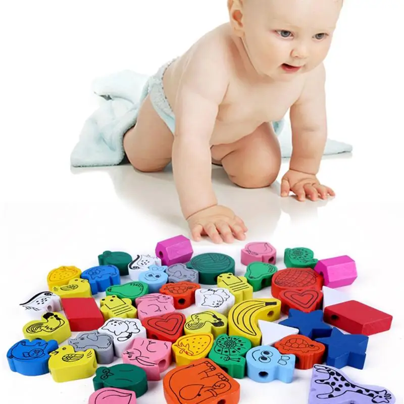 

DIY 3D Puzzle Lovely Spacer Threading Beads Wooden Animal Fruit Beads Children DIY Educational Toys for Kids Funny Play GIft