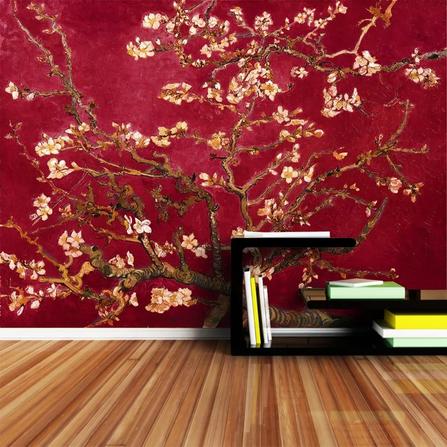 shinehome dark red van gogh almond blossom wallpaper rolls for 3d walls wallpapers for 3 d living rooms wall paper murals wallpaper roll paper muralblossoms wallpaper aliexpress