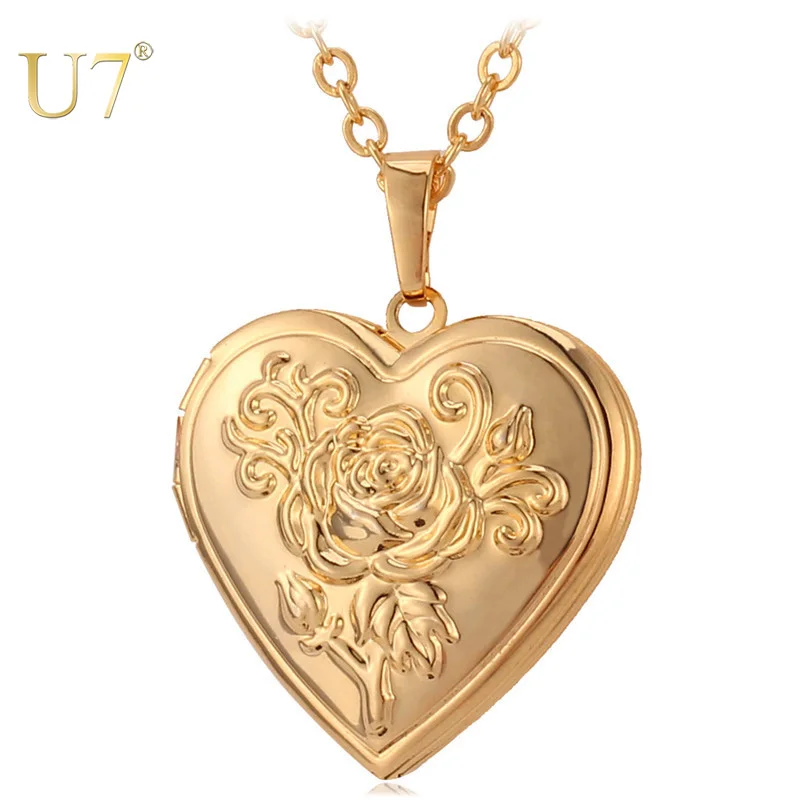 U7 Heart Locket Necklace Pendant Metal Brass Gold Photo Frame Memory