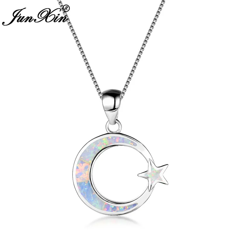 

Cute Female Moon Star Pendants Necklaces Boho Blue White Fire Opal Choker Necklace Fashion 925 Sterling Silver Wedding Jewelry
