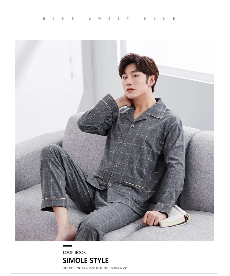 Men Pajama Sets Spring Autumn Winter Plus Size 3XL 100% Cotton Comfortable Long sleeve Male Sleepwear Set Tracksuit Set homewear-in Pajama Sets from