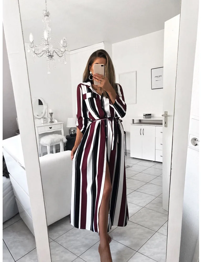 

2019 Office Lady Turn-Down Collar Button Lace Up Long Shirt Dress Women Spring summer Long Sleeve Stripe Maxi Dresses