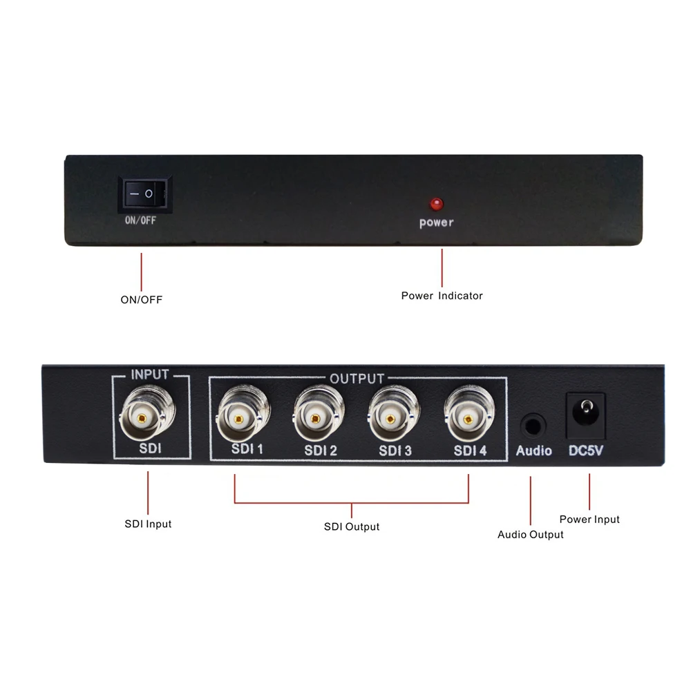 4 Port SDI Splitter 1 Input 4 Output with AUX 3.5mm BNC Video Splitter Box for Video Monitoring System Resolution up to 1080p