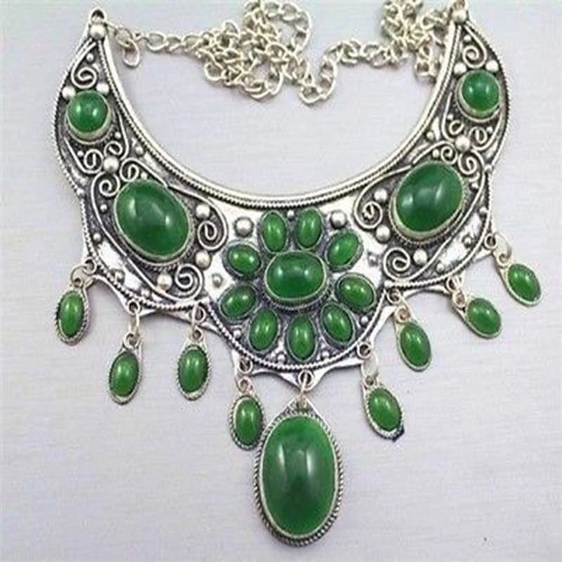 

NEW WOMEN'S CHINESE TIBET SILVER GREEN NECKLACE TRIBAL JEWELRY 7D7RR
