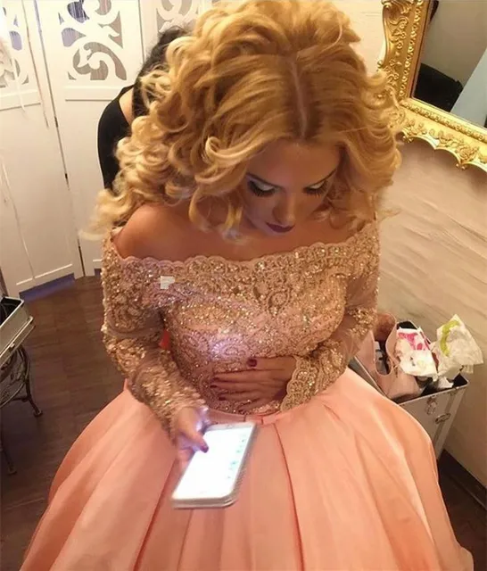 $US $111.12 Alluring Plus Size Ball Gown Prom Dresses Bateau Neck Long Sleeves Crystal Appliques Satin Blush Pink Sparkly Evening Gowns