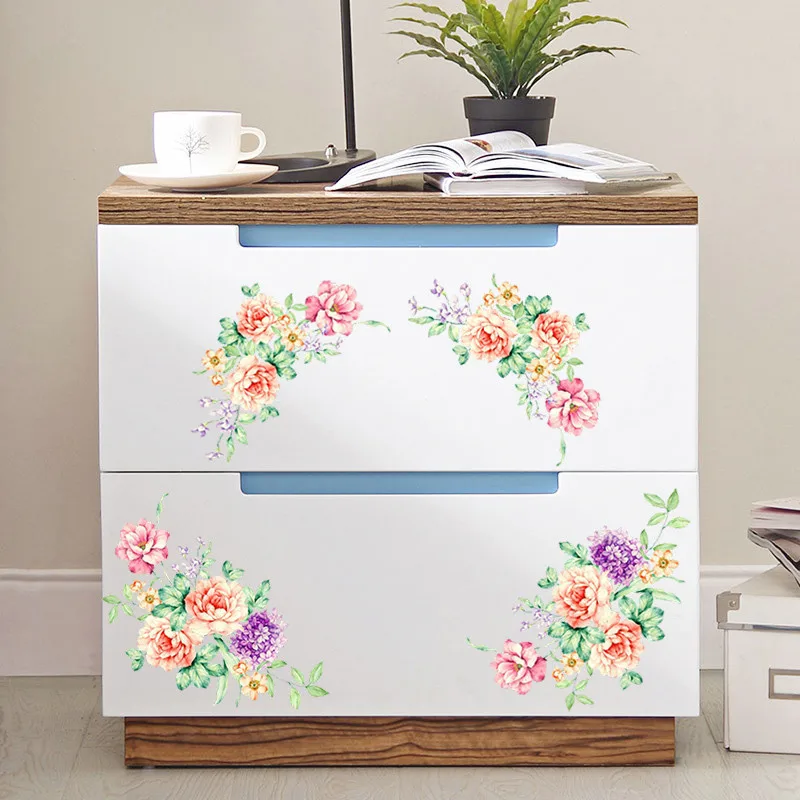 Romantic Colorful Peony Flowers Wall Stickers Home Fridge Stickers On The Cabinet Decor PVC Decals Kithen Decoration 20 x 30cm