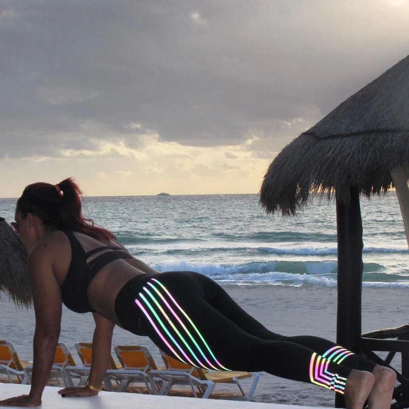 

Summer Women Leggings High Waist Glowing Fitness Rainbow Reflective Laser Stripe Printing leggins Woman Pants workout Legging