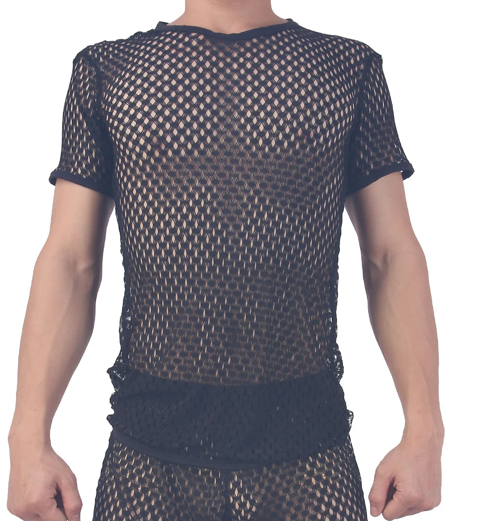 Сексуальные мужские наборы сетчатые прозрачные мужские шорты футболки с рукавами боксеры шорты брюки костюмы дышащие повседневные спортивные костюмы трусы - Цвет: Black Tee