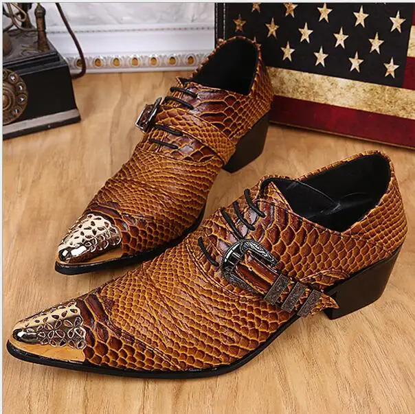 

New men height Increasing shoes Genuine leather snakeskin and front with Gold Top men's Prom and Banquet dress shoes men's flats