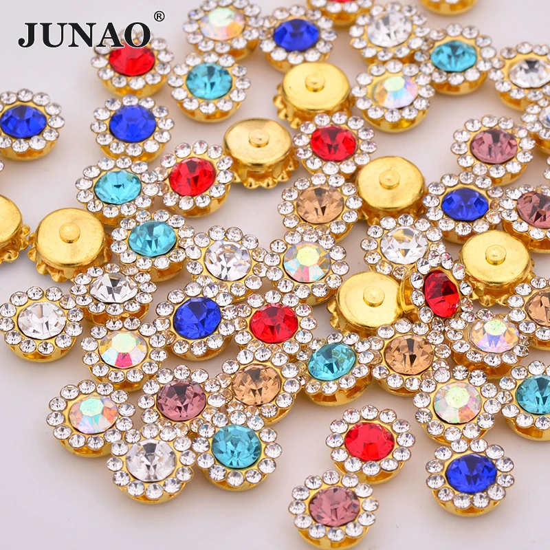 Junao 8 10 12mm Sew On Random Mix Color Crystals Gold Flower