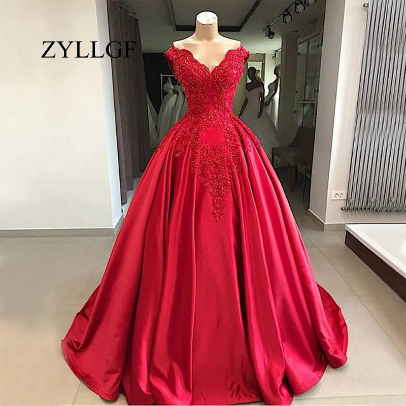 ZYLLGF Lange Rode Baljurk Wedding Party Jurken 2018 V-hals Kralen Kant Abendkleider Arabisch Party Formele Gowns RS3 ZYLLGF Lange Rode Baljurk Wedding Party Jurken 2018 V-hals Kralen Kant Abendkleider Arabisch Party Formele Gowns RS3