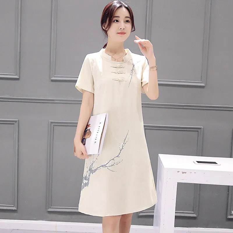 

Print Cotton Linen Dress 2019 Spring Summer National Style Short Sleeve Printing Slimming Mandarin Collar Dress