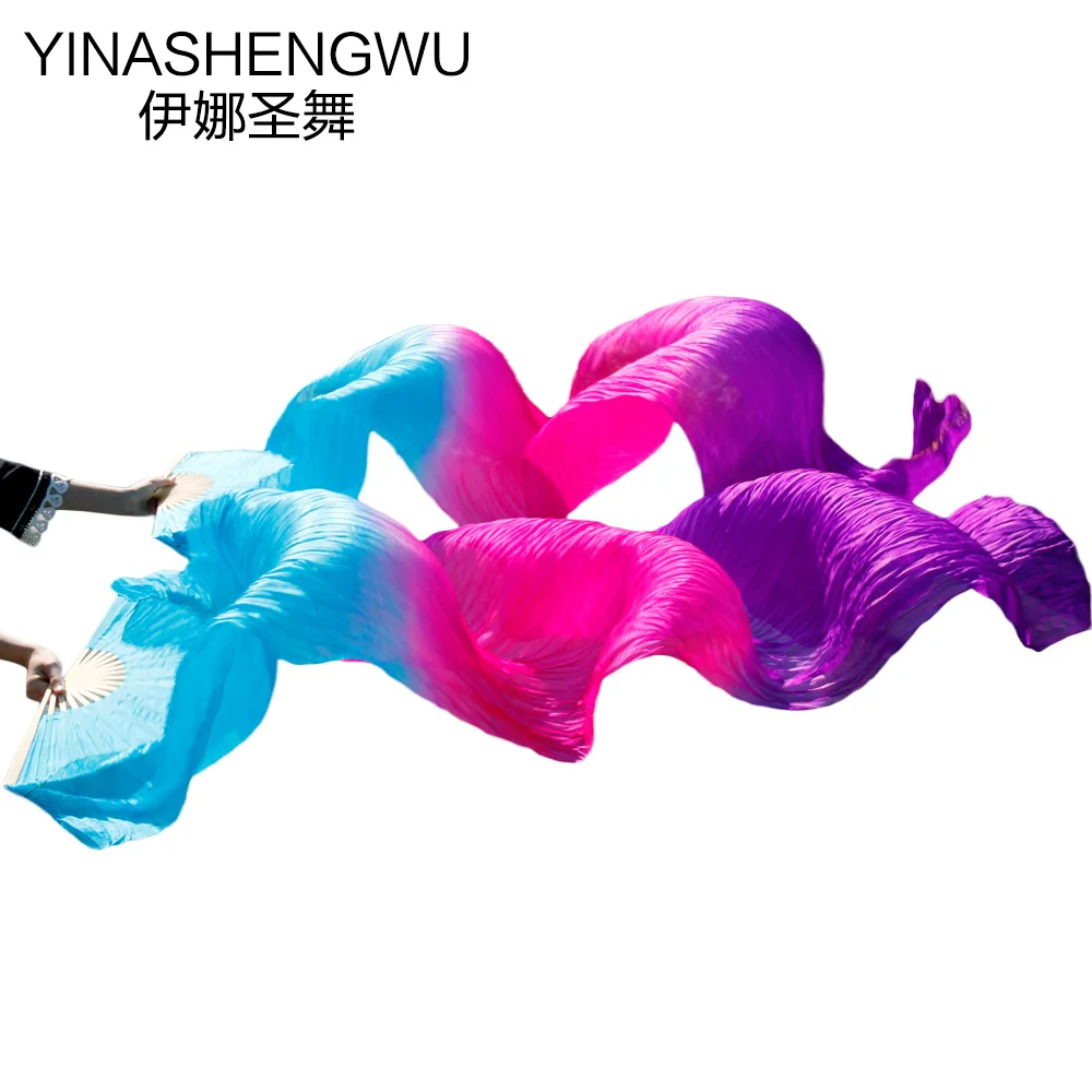 Stage Performance 100% Silk Belly Dance Fans Gradient Colour Dance Accessories Belly Dancing Silk Fans turquoise+rose+purple