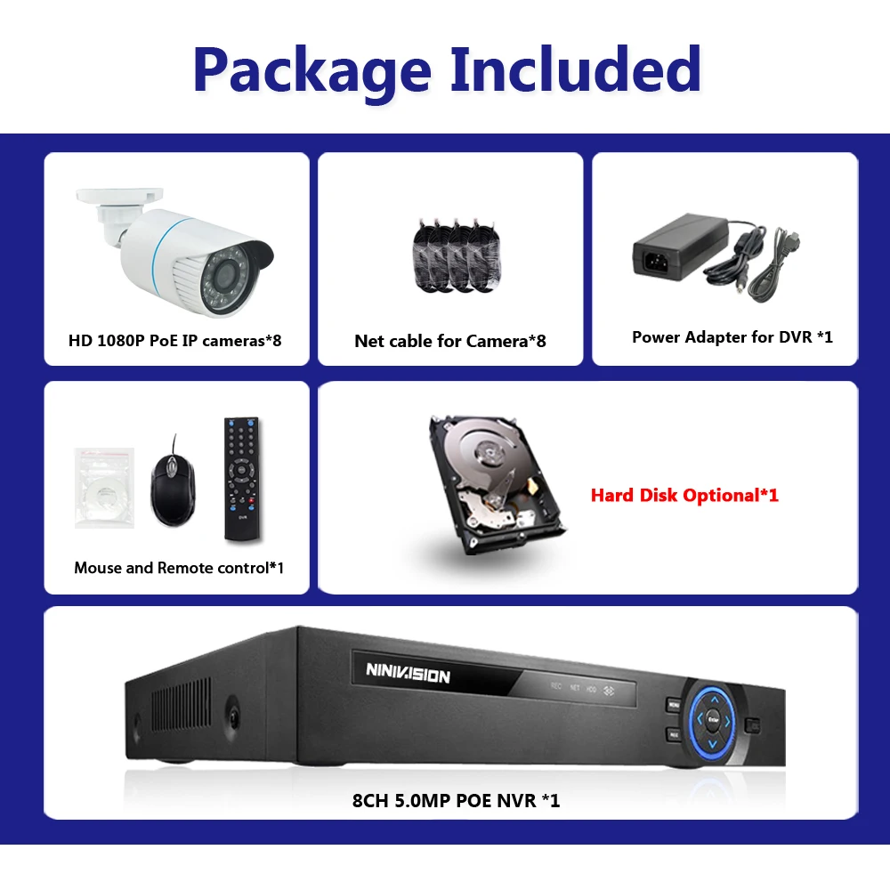 NINIVISION H.265 Sistema de CCTV POE NVR kit 8ch 1080 P impermeable POE IP Cámara bala exterior sis