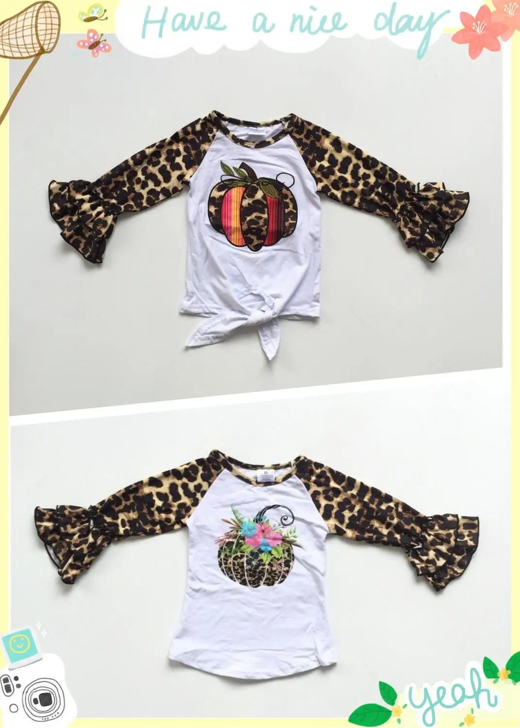 

children girls Halloween raglans Girls pumpkin raglans with leopard print sleeve girls boutique cotton top