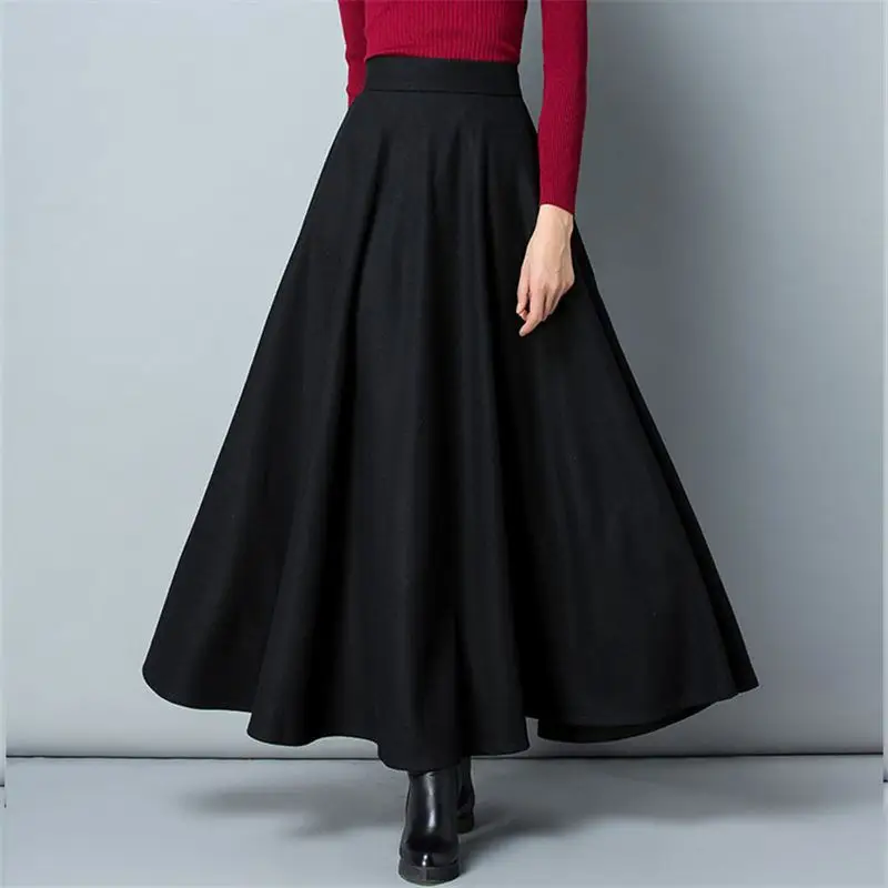 

Autumn Winter Warm Woolen Long Skirt Women Streetwear Vintage Hight Waist Skirt Jupe Femme Casual Big Swing Skirts Womens Q932