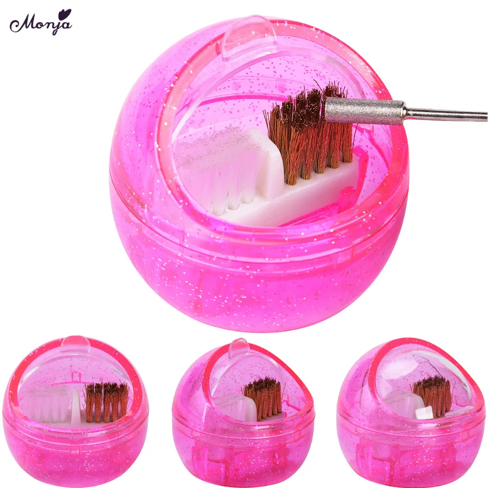 

Monja Nail Art Dual Clean Brush Head Drill Bit Cleanser Box Polishing Buffing Manicure Bits Dust Clean Remove Mini Cleaning Case