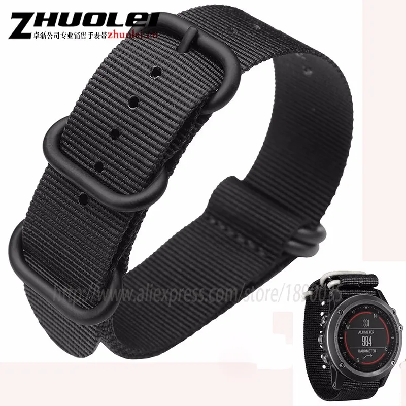 

26mm nylon watchband fit garmin fenix 3 watches straps black| army green 5 rings Zulu watch band +2pcs free tools