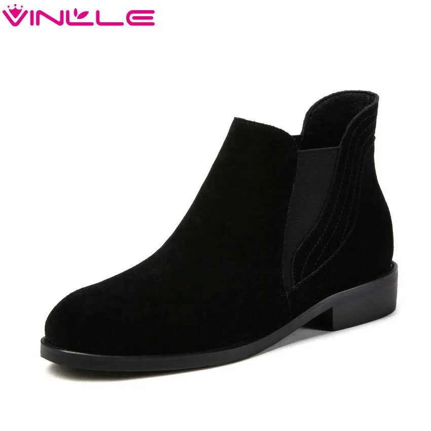 

VINLLE 2019 Women Ankle Boots Women Shoes Square Heel All Elegant Winter Boots Cow Suede Match Women Shoes Size 34-39